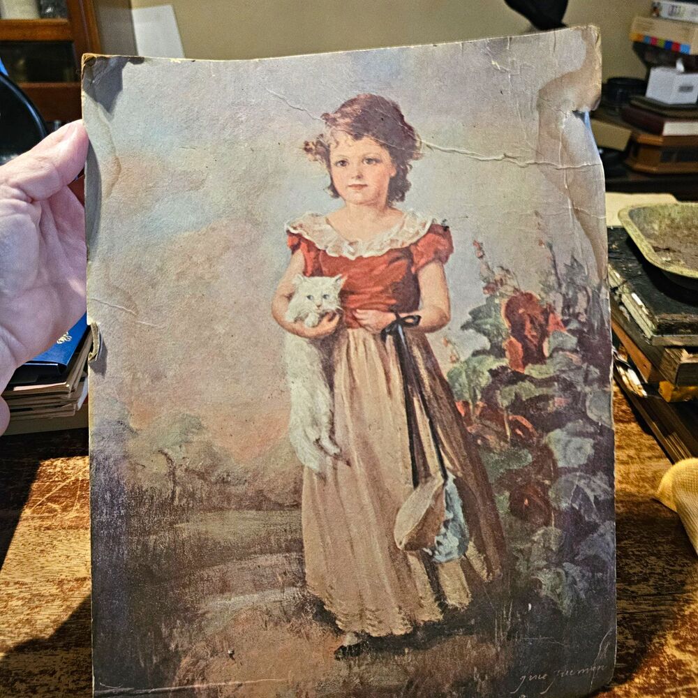 Freeman "Lass With Her Kitten" Signed Print 11x15 Paper Unframed Portrait